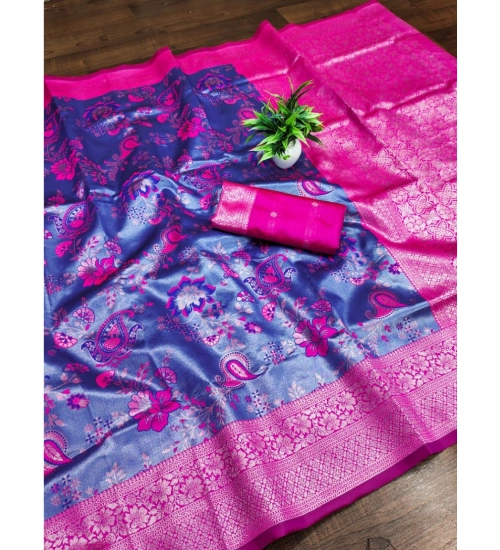 Generic Women's Banarasi Jacquard Printed Saree With Unstitched Blouse 5.5Mtr (Navy Blue)