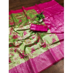 Generic Women's Banarasi Jacquard Printed Saree With Unstitched Blouse 5.5Mtr (Mehendi Green)