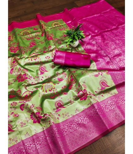 Generic Women's Banarasi Jacquard Printed Saree With Unstitched Blouse 5.5Mtr (Mehendi Green)