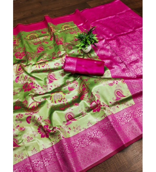 Generic Women's Banarasi Jacquard Printed Saree With Unstitched Blouse 5.5Mtr (Mehendi Green)