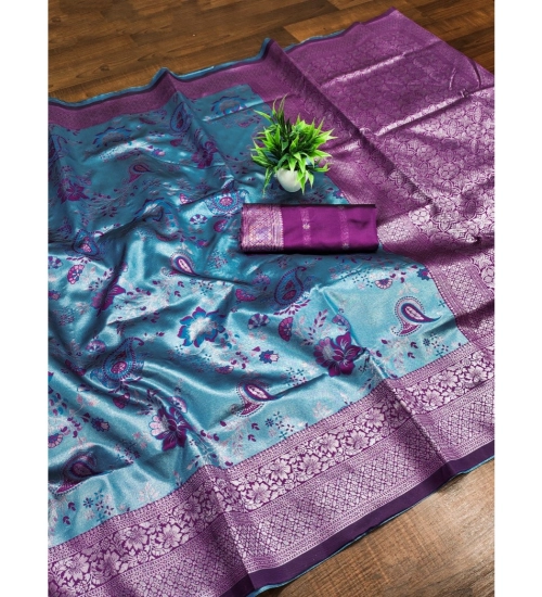 Generic Women's Banarasi Jacquard Printed Saree With Unstitched Blouse 5.5Mtr (Blue)