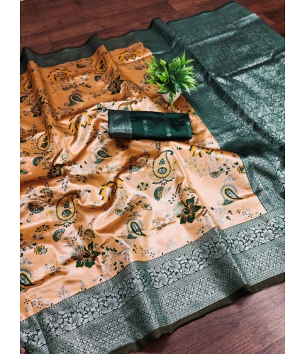 Generic Women's Banarasi Jacquard Printed Saree With Unstitched Blouse 5.5Mtr (Orange)