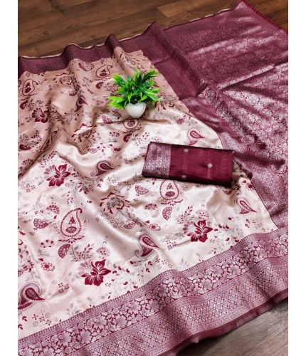 Generic Women's Banarasi Jacquard Printed Saree With Unstitched Blouse 5.5Mtr (Wine)