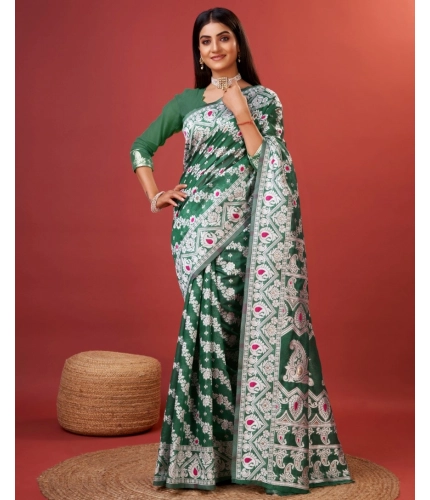 Generic Women's Cotton Silk Printed Saree With Unstitched Blouse 5.5Mtr (Green)