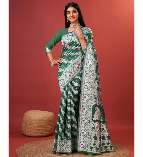 Generic Women's Cotton Silk Printed Saree With Unstitched Blouse 5.5Mtr (Green)