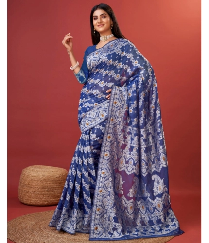 Generic Women's Cotton Silk Printed Saree With Unstitched Blouse 5.5Mtr (Blue)