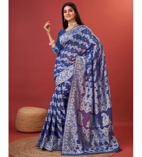 Generic Women's Cotton Silk Printed Saree With Unstitched Blouse 5.5Mtr (Blue)