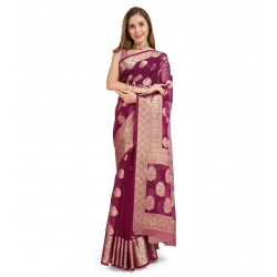 Generic Women's Soft Organza Silk Weaving Design Saree With Unstitched Blouse 5.5Mtr (Wine)