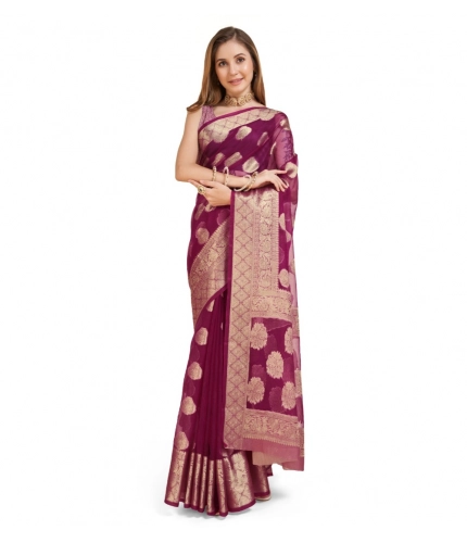 Generic Women's Soft Organza Silk Weaving Design Saree With Unstitched Blouse 5.5Mtr (Wine)