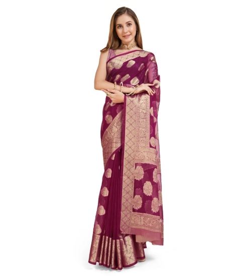 Generic Women's Soft Organza Silk Weaving Design Saree With Unstitched Blouse 5.5Mtr (Wine)