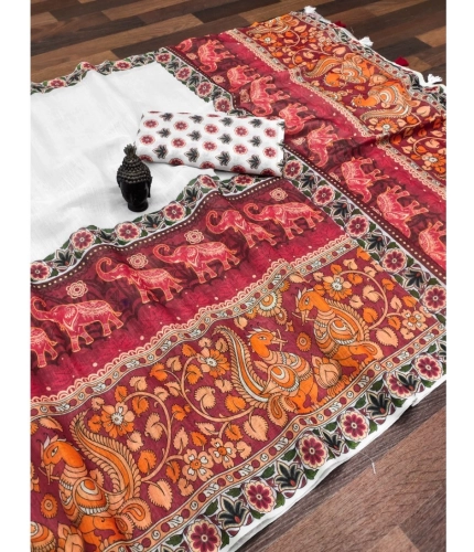 Generic Women's linen Digital Print Saree With Unstitched Blouse 5.5Mtr (White)