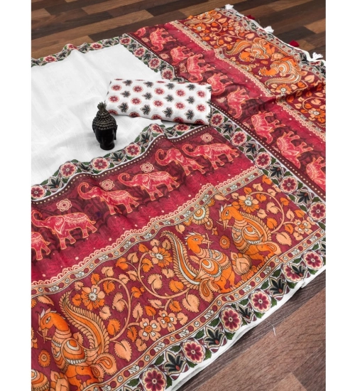 Generic Women's linen Digital Print Saree With Unstitched Blouse 5.5Mtr (White)