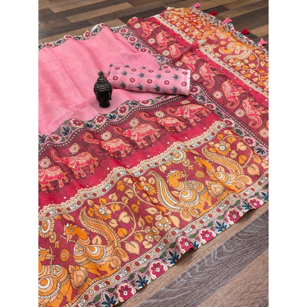 Generic Women's linen Digital Print Saree With Unstitched Blouse 5.5Mtr (Pink) Generic Women's linen Digital Print Saree With Unstitched Blouse 5.5Mtr (Pink)