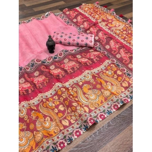 Generic Women's linen Digital Print Saree With Unstitched Blouse 5.5Mtr (Pink)