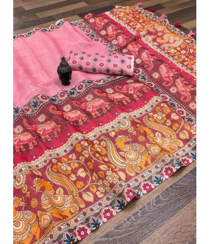 Generic Women's linen Digital Print Saree With Unstitched Blouse 5.5Mtr (Pink)