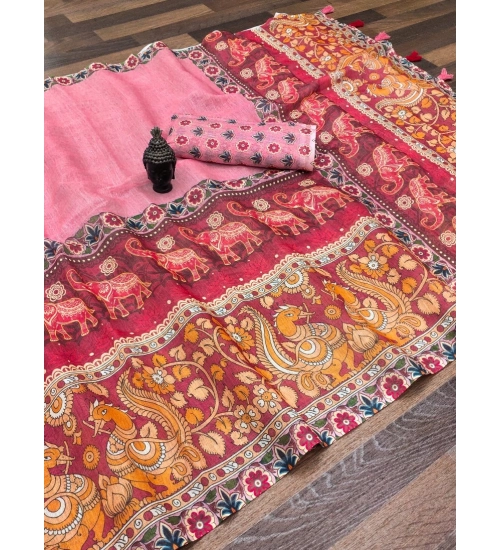Generic Women's linen Digital Print Saree With Unstitched Blouse 5.5Mtr (Pink)
