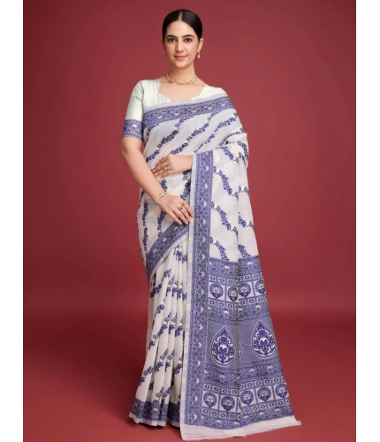 Generic Women's Jamdani Cotton Silk Printed Saree With Unstitched Blouse 5.5Mtr (Navy Blue)