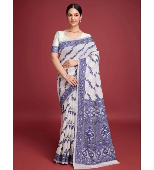 Generic Women's Jamdani Cotton Silk Printed Saree With Unstitched Blouse 5.5Mtr (Navy Blue)