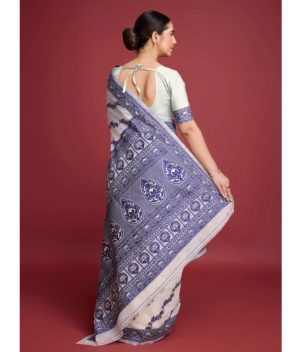 Generic Women's Jamdani Cotton Silk Printed Saree With Unstitched Blouse 5.5Mtr (Navy Blue)