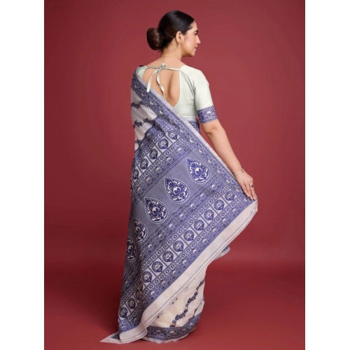 Women's Jamdani Cotton Silk Printed Saree With Unstitched Blouse 5.5Mtr (Navy Blue) Women's Jamdani Cotton Silk Printed Saree With Unstitched Blouse 5.5Mtr (Navy Blue)