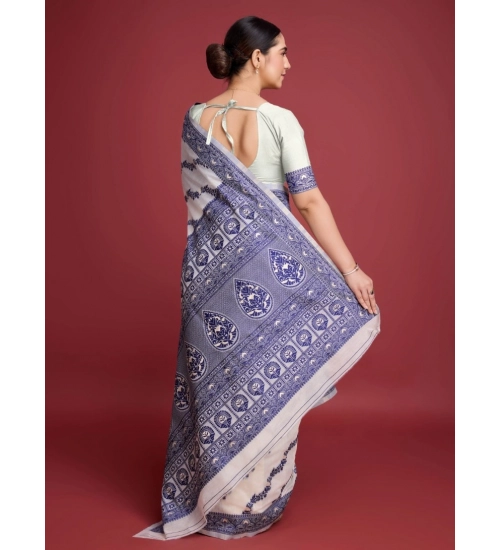 Generic Women's Jamdani Cotton Silk Printed Saree With Unstitched Blouse 5.5Mtr (Navy Blue)