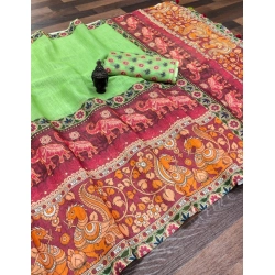 Generic Women's linen Digital Print Saree With Unstitched Blouse 5.5Mtr (Light Green)