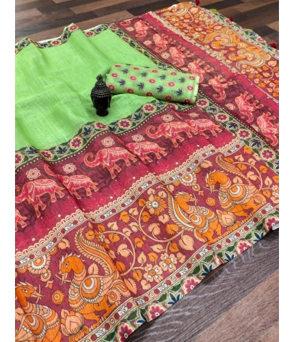 Generic Women's linen Digital Print Saree With Unstitched Blouse 5.5Mtr (Light Green)
