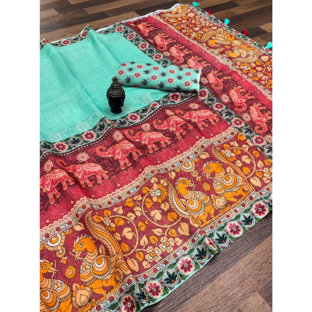 Generic Women's linen Digital Print Saree With Unstitched Blouse 5.5Mtr (Turquoise) Generic Women's linen Digital Print Saree With Unstitched Blouse 5.5Mtr (Turquoise)