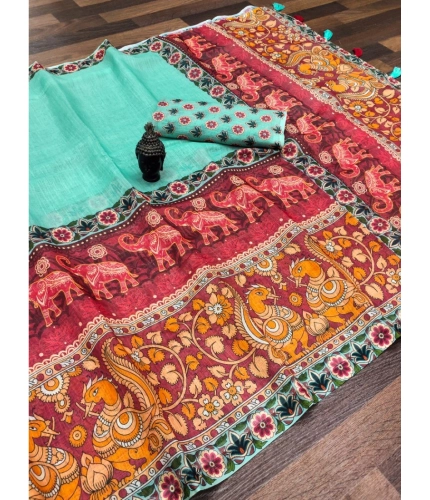 Generic Women's linen Digital Print Saree With Unstitched Blouse 5.5Mtr (Turquoise)