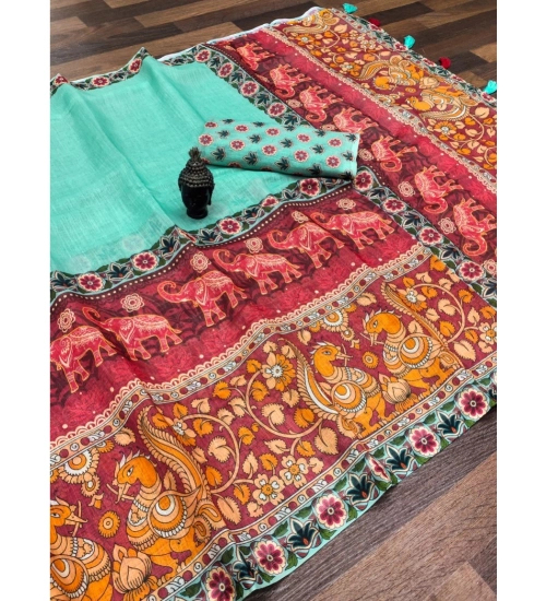 Generic Women's linen Digital Print Saree With Unstitched Blouse 5.5Mtr (Turquoise)