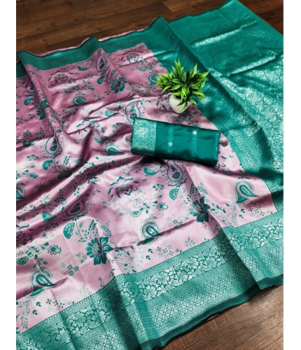 Generic Women's Banarasi Jacquard Printed Saree With Unstitched Blouse 5.5Mtr (Pink)