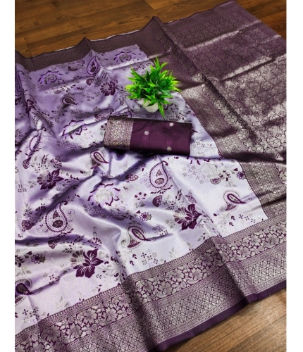 Generic Women's Banarasi Jacquard Printed Saree With Unstitched Blouse 5.5Mtr (Purple)