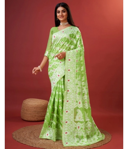 Generic Women's Cotton Silk Printed Saree With Unstitched Blouse 5.5Mtr (Light Green)