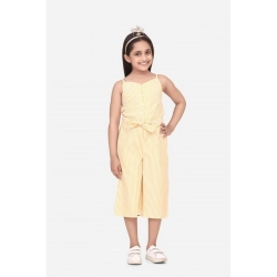 Generic Girl's Polyester Cotton Blend Striped Sleeveless Round Neck Dress (Yellow)
