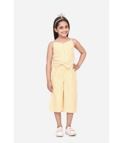 Generic Girl's Polyester Cotton Blend Striped Sleeveless Round Neck Dress (Yellow)