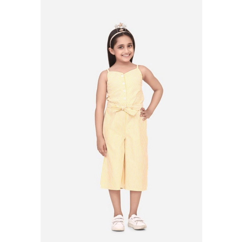 Girl's Polyester Cotton Blend Striped Sleeveless Round Neck Dress (Yellow)