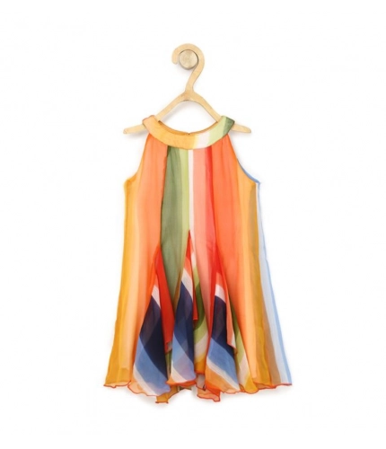 Generic Girl's Chiffon Graphic Sleeveless Round Neck Dress (Orange)