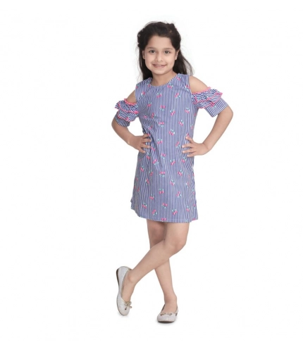 Generic Girl's Cotton Striped Cold Shoulder Round Neck Dress (Blue)