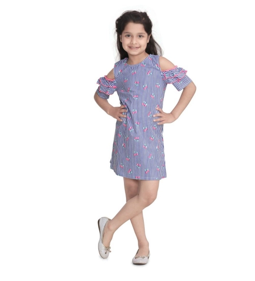 Generic Girl's Cotton Striped Cold Shoulder Round Neck Dress (Blue)