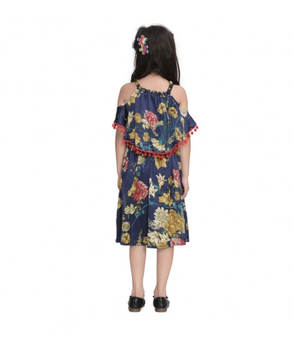 Generic Girl's Satin Floral Printed Cold Shoulder Round Neck Dress (Navy Blue) Generic Girl's Satin Floral Printed Cold Shoulder Round Neck Dress (Navy Blue)
