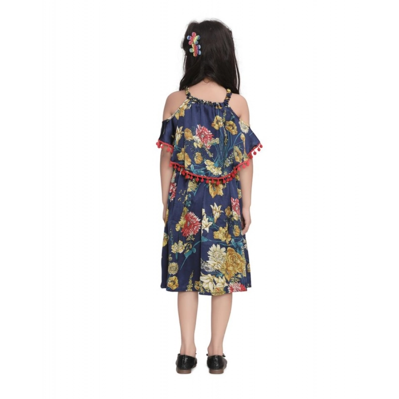 Girl's Satin Floral Printed Cold Shoulder Round Neck Dress (Navy Blue)
