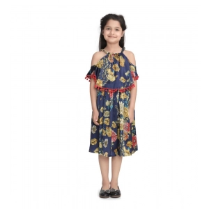 Generic Girl's Satin Floral Printed Cold Shoulder Round Neck Dress (Navy Blue)