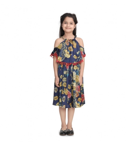 Generic Girl's Satin Floral Printed Cold Shoulder Round Neck Dress (Navy Blue)