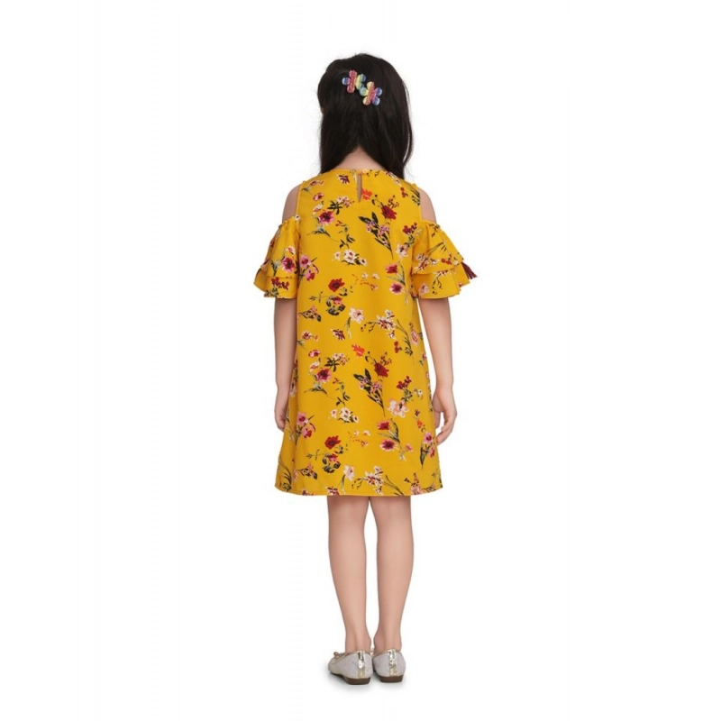 Girl's Polyester Crepe Floral Printed Long Sleeve Round Neck Dress (Yellow)