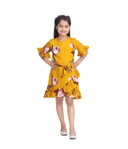 Generic Girl's Polyester Crepe Floral Printed Cold Shoulder Round Neck Dress (Mustard)