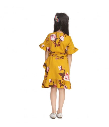 Generic Girl's Polyester Crepe Floral Printed Cold Shoulder Round Neck Dress (Mustard) Generic Girl's Polyester Crepe Floral Printed Cold Shoulder Round Neck Dress (Mustard)