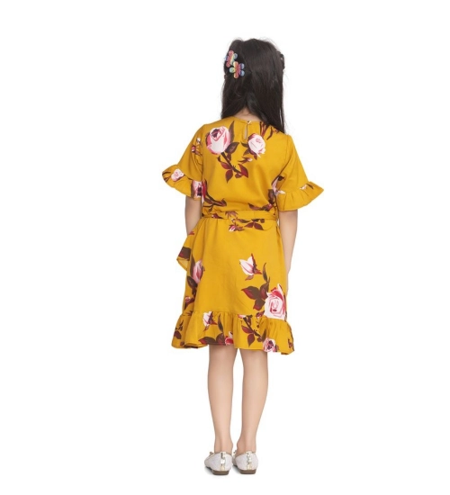 Generic Girl's Polyester Crepe Floral Printed Cold Shoulder Round Neck Dress (Mustard)