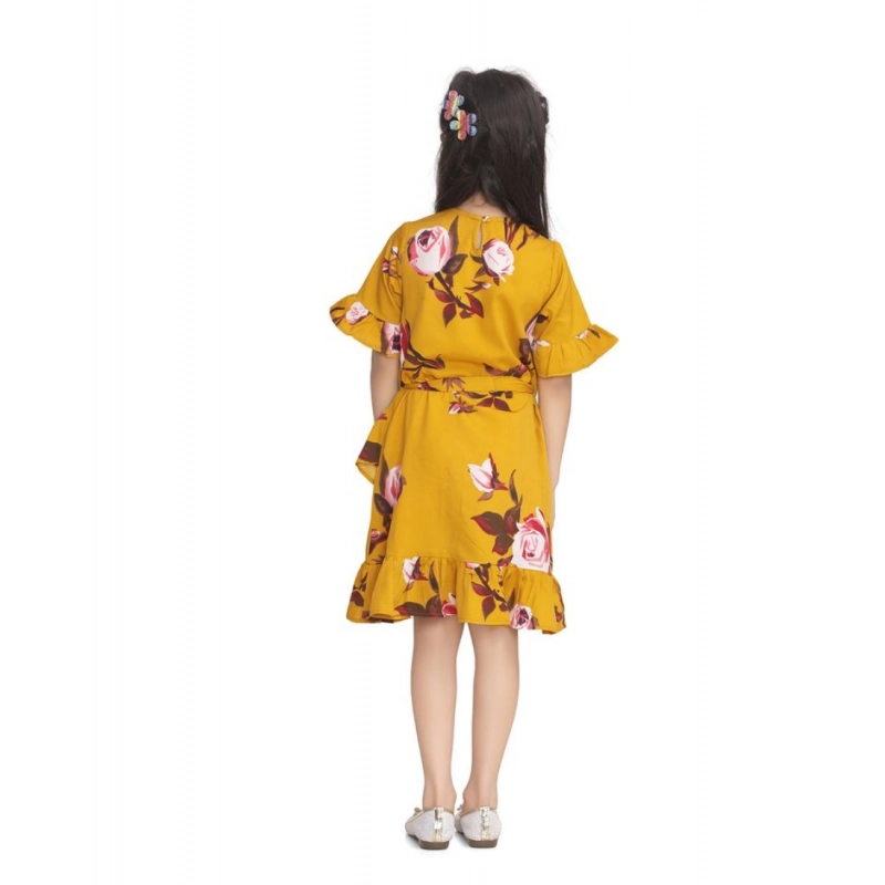 Girl's Polyester Crepe Floral Printed Cold Shoulder Round Neck Dress (Mustard)