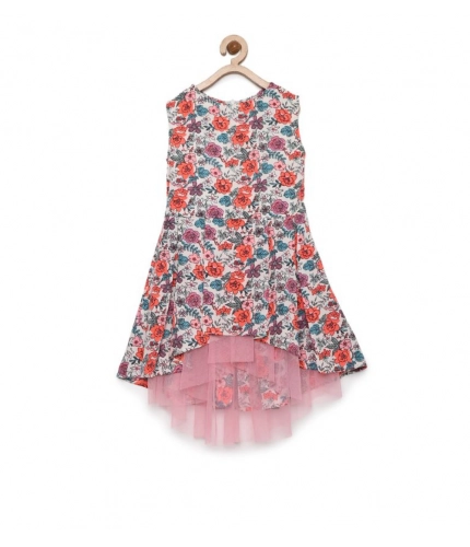 Generic Girl's Polyester Crepe Printed Sleeveless Round Neck Dress (Multicolor)