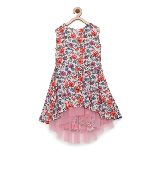 Generic Girl's Polyester Crepe Printed Sleeveless Round Neck Dress (Multicolor)